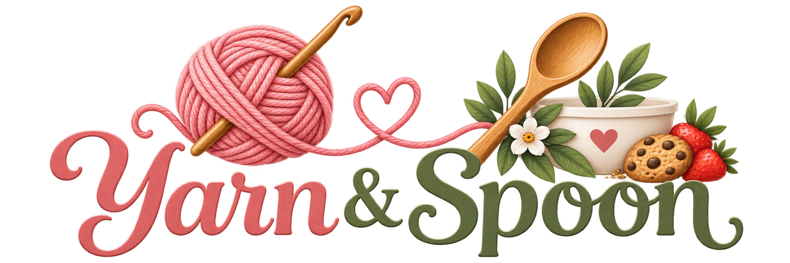 Yarn & Spoon logo with crochet yarn, hook, spoon and recipe elements