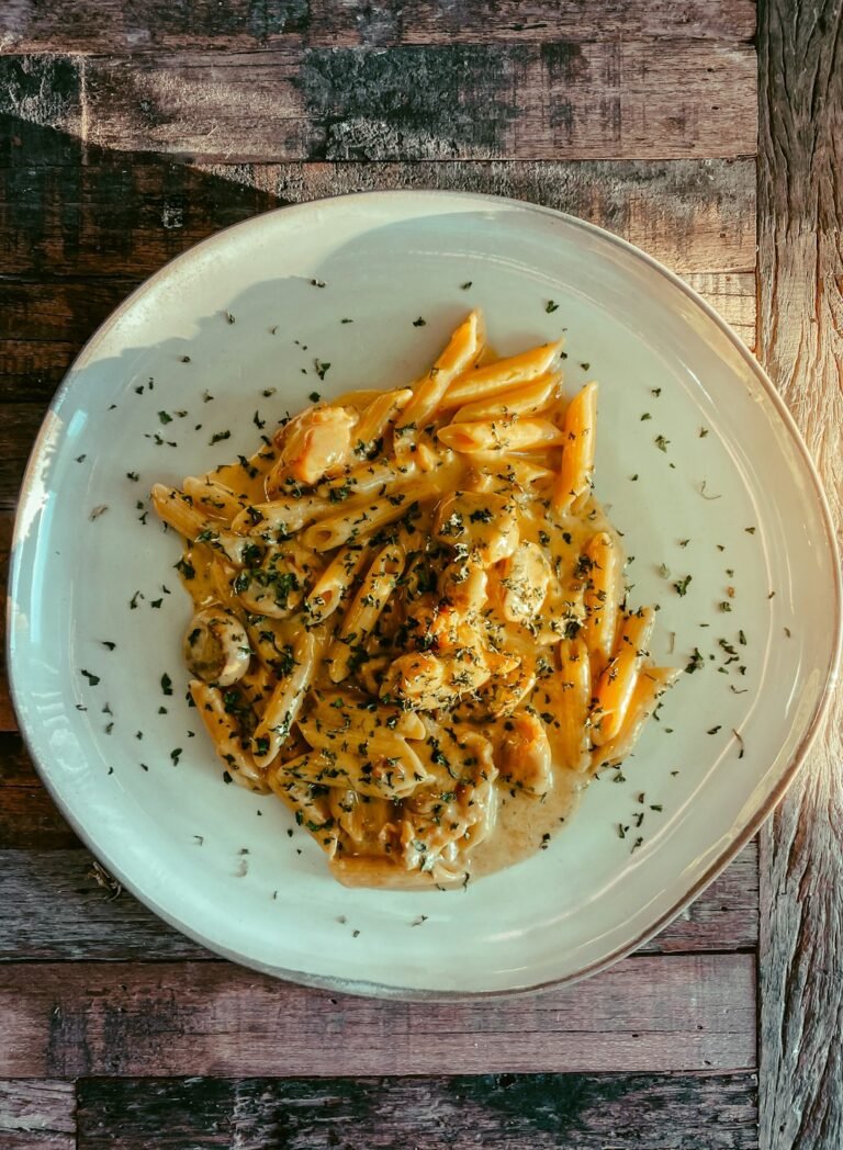 Bowl of creamy pasta for an easy pumpkin pasta dinner
